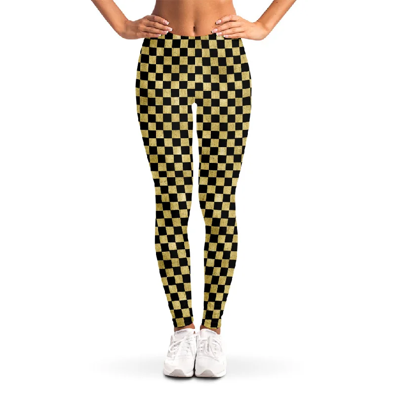 Gold And Black Checkered Pattern Print Women's Leggings