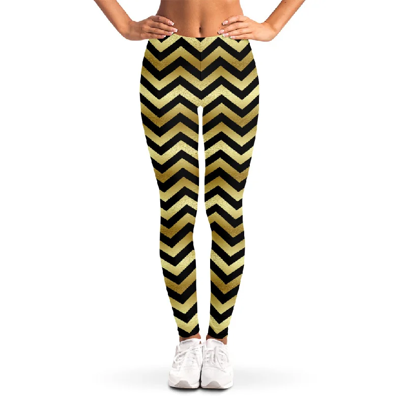 Gold And Black Chevron Pattern Print Women's Leggings