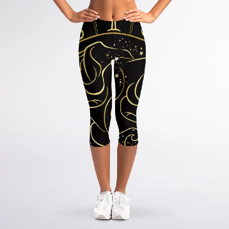 Gold And Black Gemini Sign Print Women's Capri Leggings