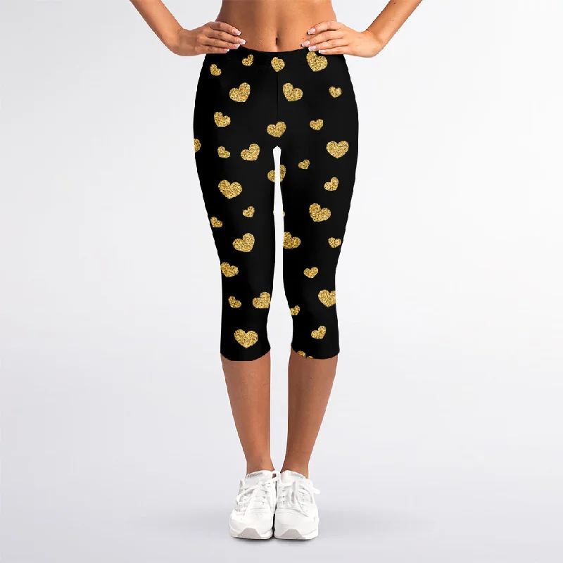 Gold And Black Heart Pattern Print Women's Capri Leggings