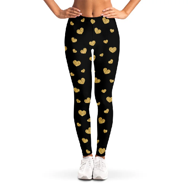 Gold And Black Heart Pattern Print Women's Leggings