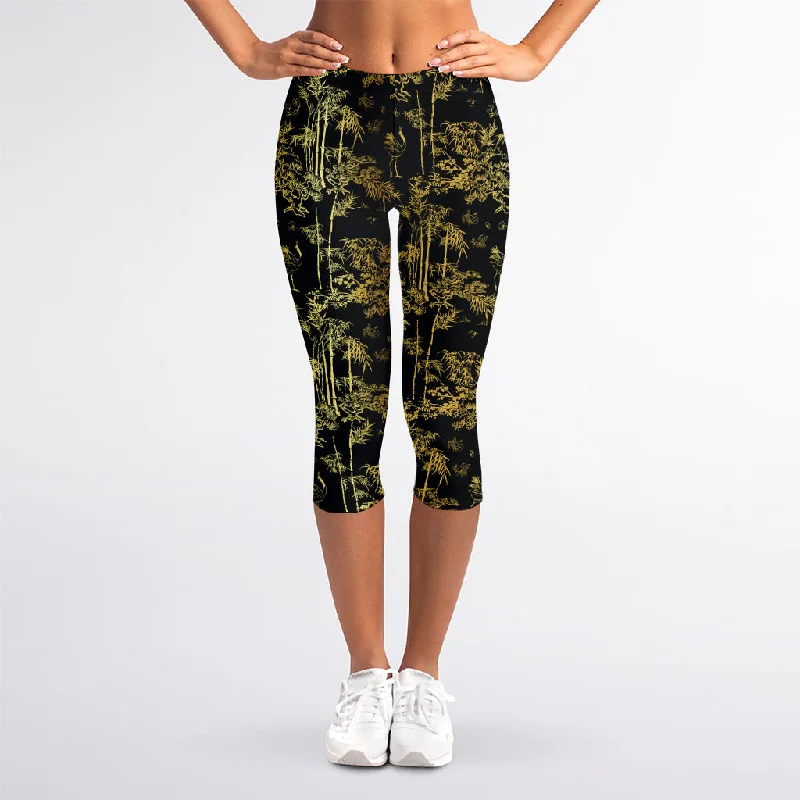 Gold And Black Japanese Bamboo Print Women's Capri Leggings