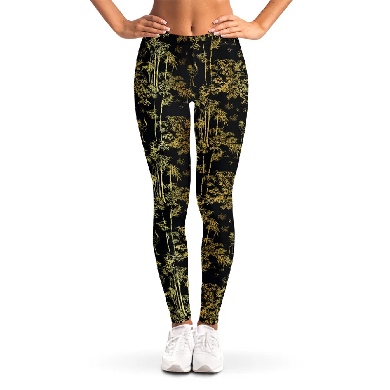 Gold And Black Japanese Bamboo Print Women's Leggings