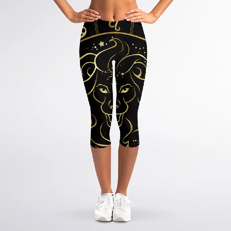 Gold And Black Leo Sign Print Women's Capri Leggings