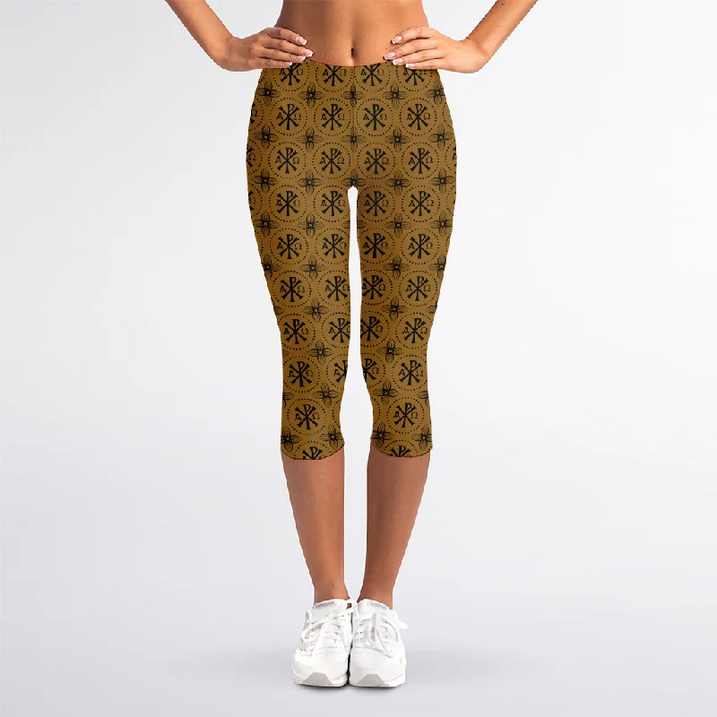 Gold And Black Orthodox Pattern Print Women's Capri Leggings