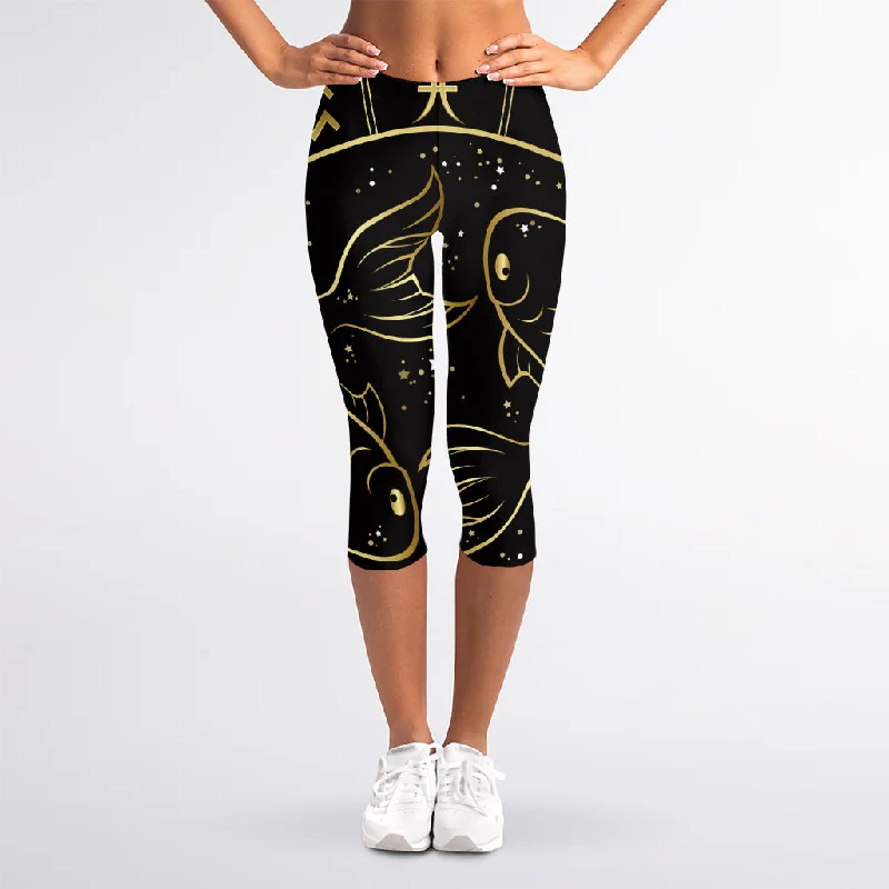 Gold And Black Pisces Sign Print Women's Capri Leggings