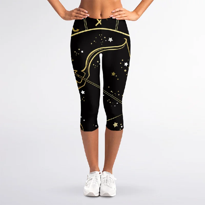 Gold And Black Sagittarius Sign Print Women's Capri Leggings