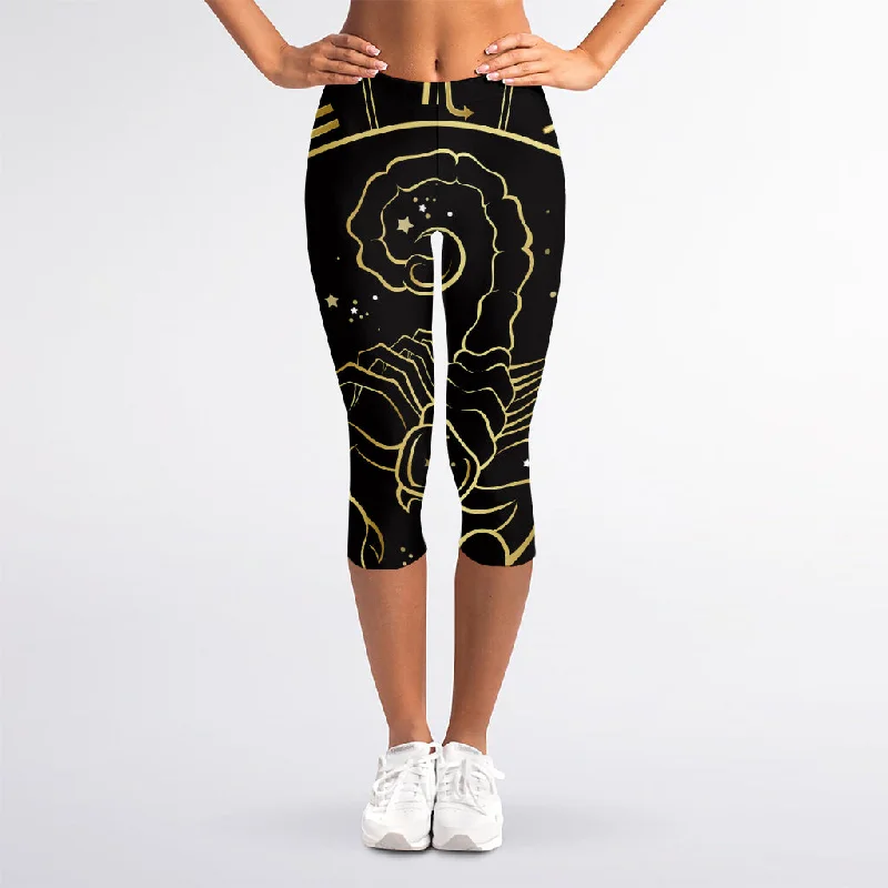 Gold And Black Scorpio Sign Print Women's Capri Leggings