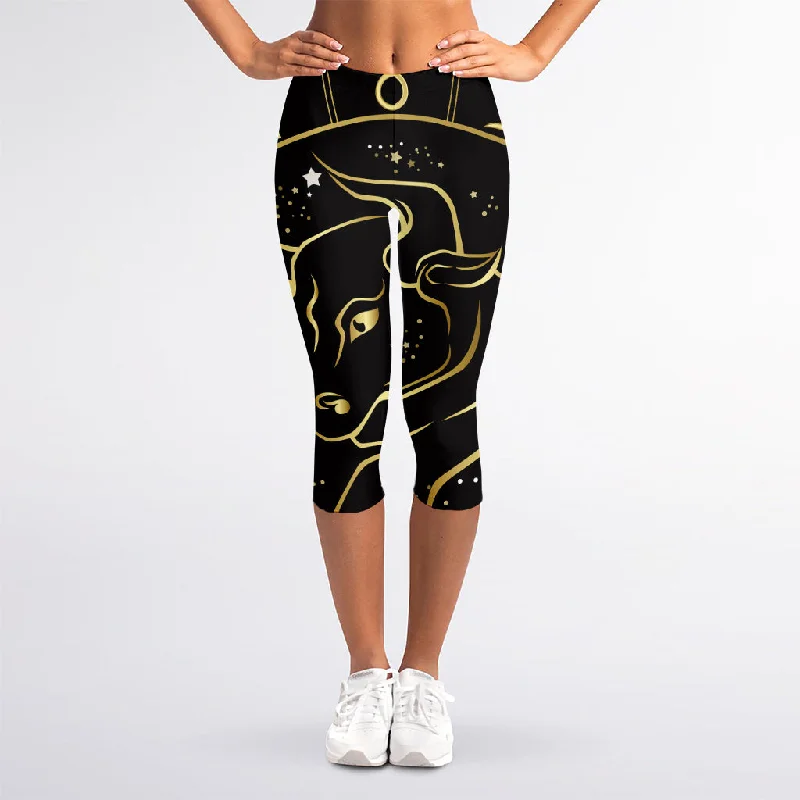 Gold And Black Taurus Sign Print Women's Capri Leggings