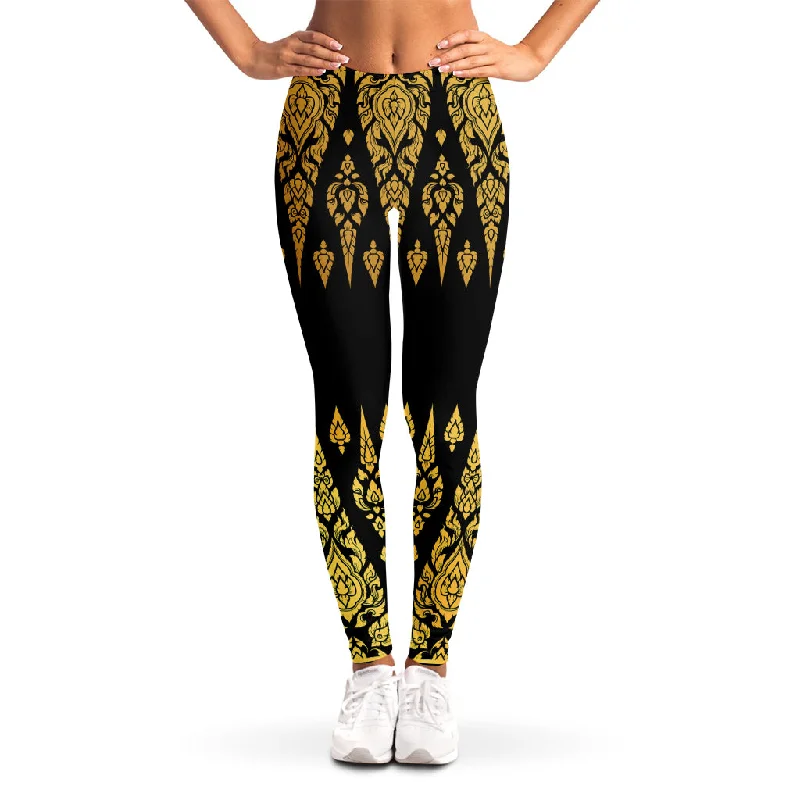 Gold And Black Thai Pattern Print Women's Leggings