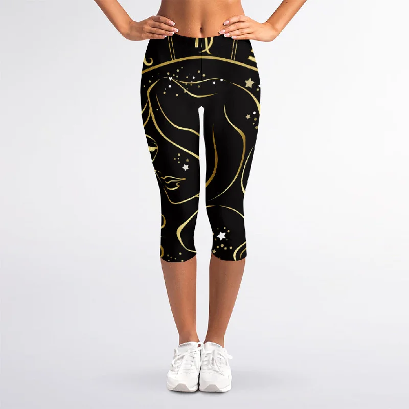 Gold And Black Virgo Sign Print Women's Capri Leggings