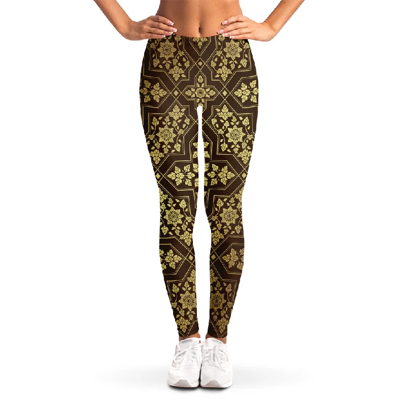 Gold And Brown Thai Pattern Print Women's Leggings