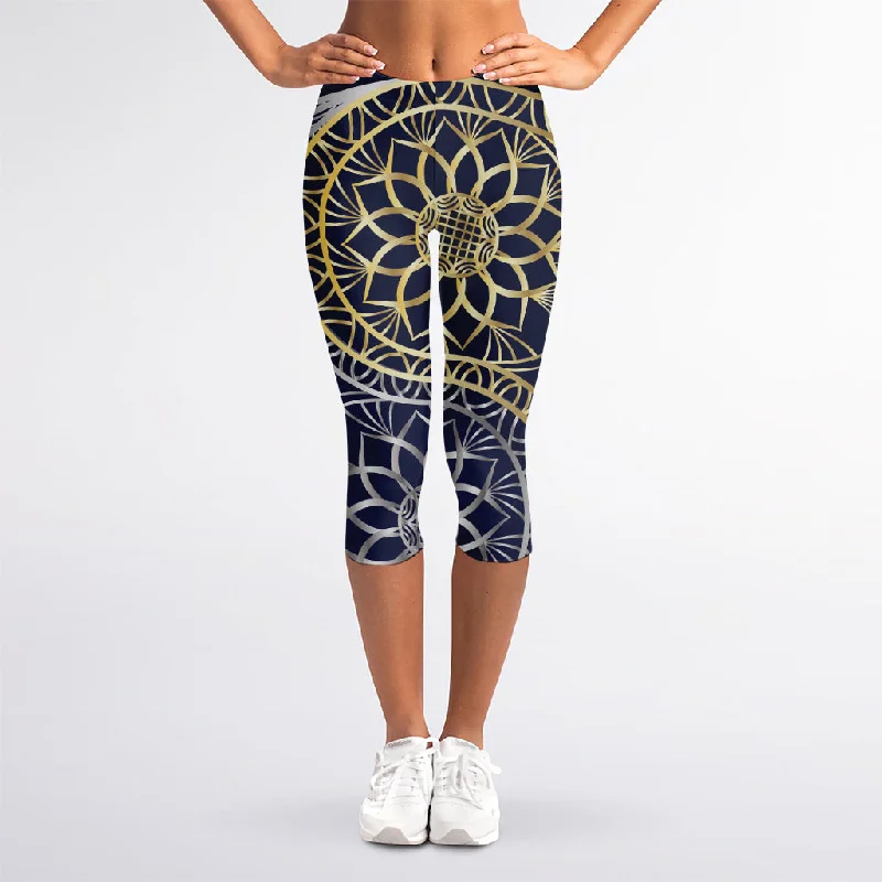 Gold And Grey Yin Yang Flower Print Women's Capri Leggings