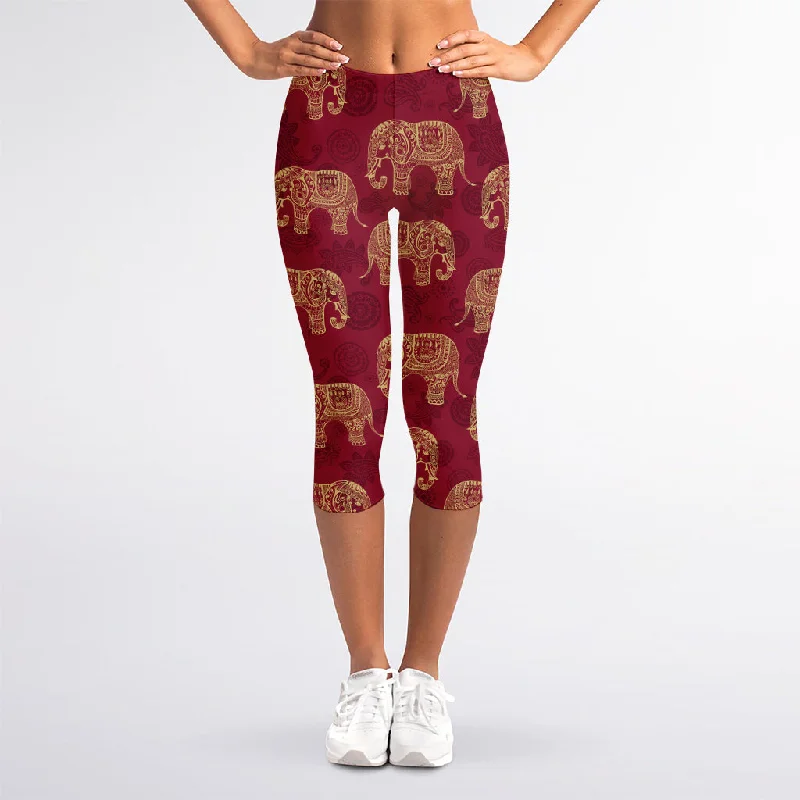 Gold And Red Boho Elephant Print Women's Capri Leggings