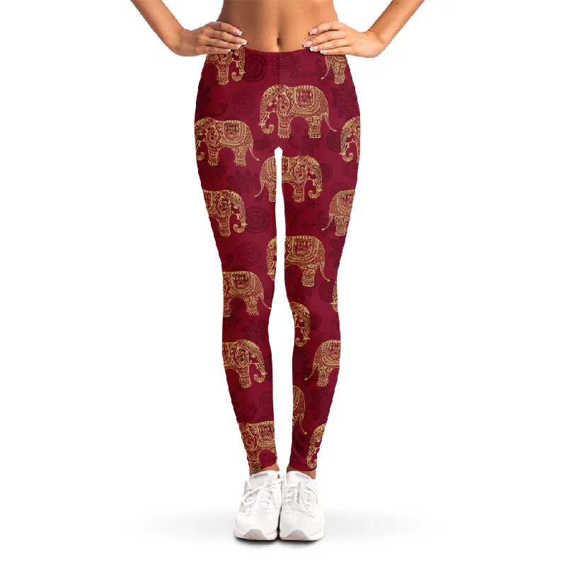 Gold And Red Boho Elephant Print Women's Leggings