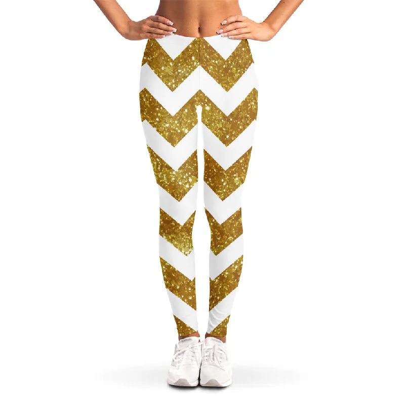 Gold And White Chevron Pattern Print Women's Leggings