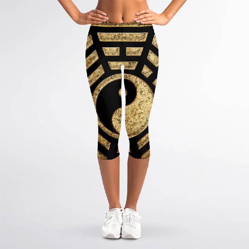 Gold Bagua Yin Yang Print Women's Capri Leggings