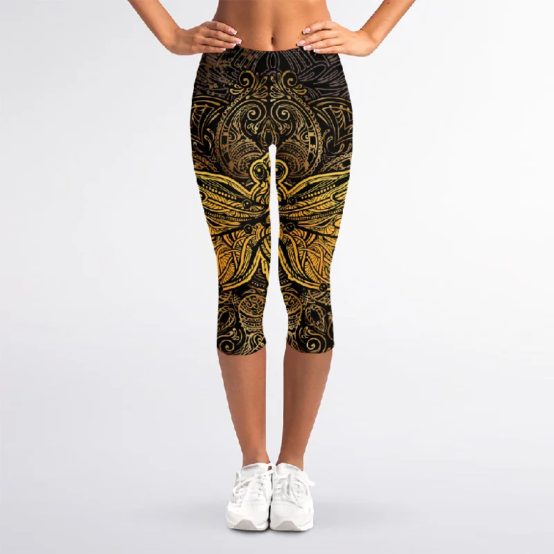 Gold Boho Dragonfly Print Women's Capri Leggings