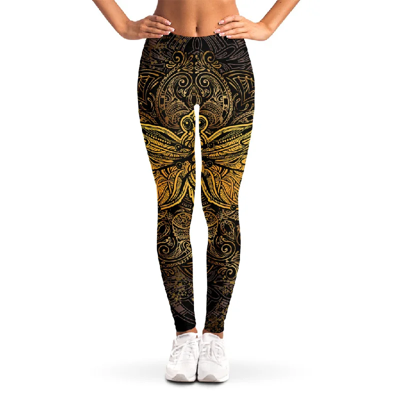 Gold Boho Dragonfly Print Women's Leggings