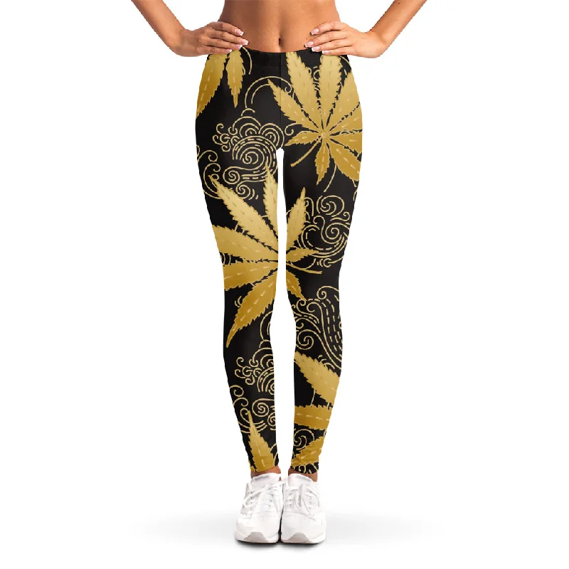 Gold Cannabis Leaf Pattern Print Women's Leggings