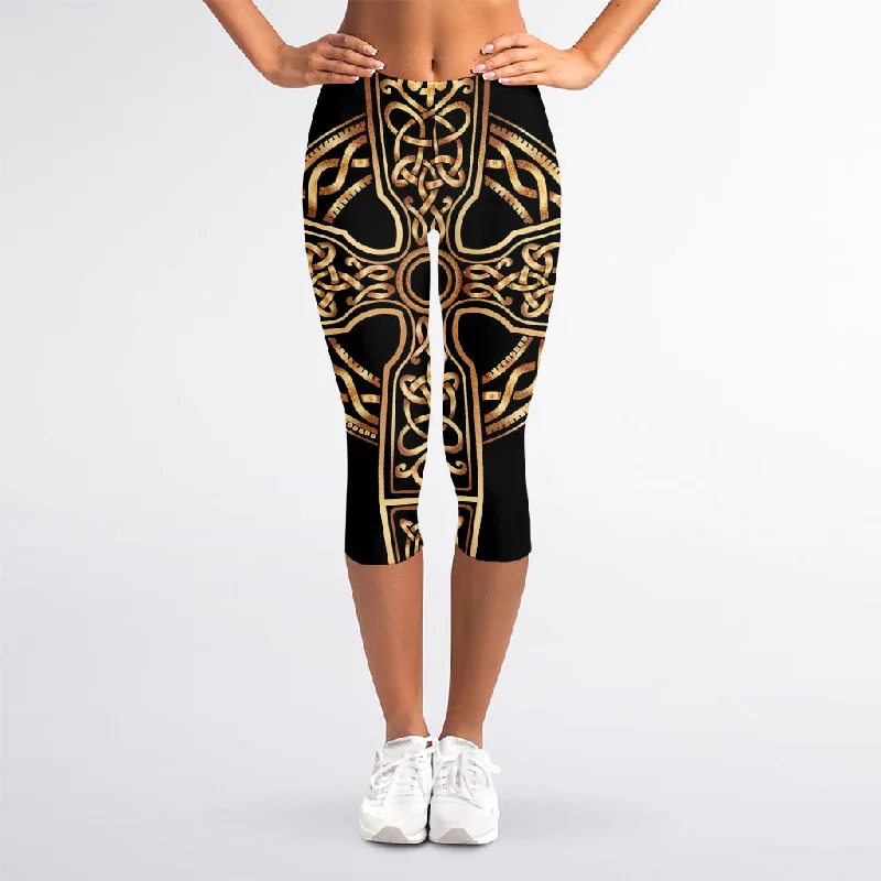 Gold Celtic Knot Cross Print Women's Capri Leggings