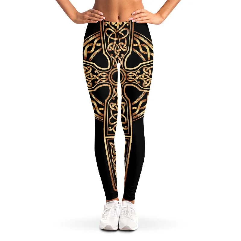 Gold Celtic Knot Cross Print Women's Leggings