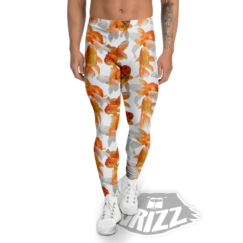 Gold Fish And White Print Pattern Men's Leggings