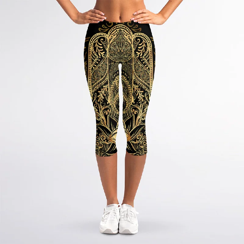 Gold Hamsa Hand Print Women's Capri Leggings