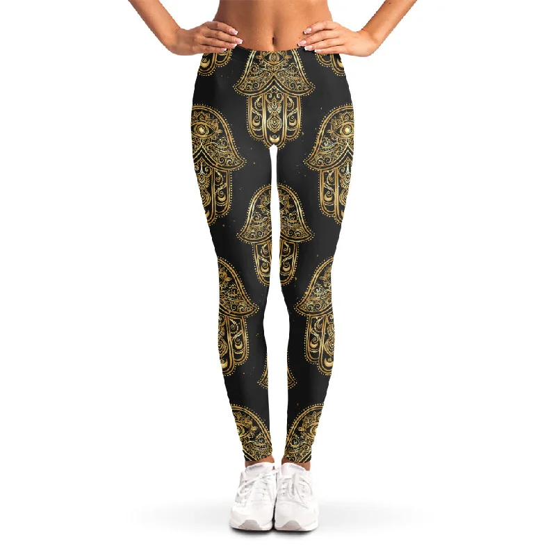 Gold Hamsa Pattern Print Women's Leggings