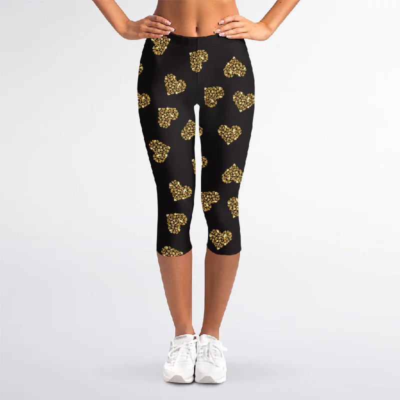 Gold Heart (NOT Real) Glitter Print Women's Capri Leggings