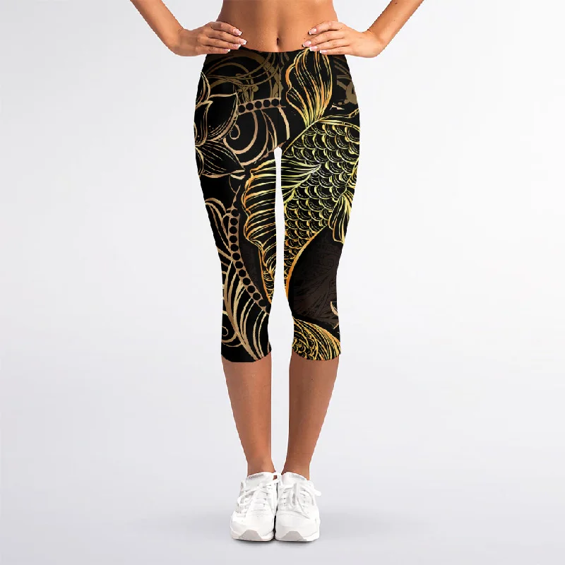 Gold Koi Carp Fish Print Women's Capri Leggings