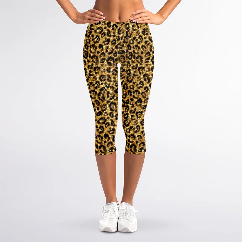 Gold Leopard (NOT Real) Glitter Print Women's Capri Leggings