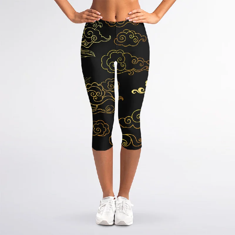 Gold Moon And Sun Print Women's Capri Leggings