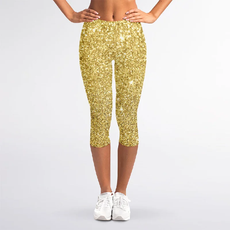 Gold (NOT Real) Glitter Print Women's Capri Leggings