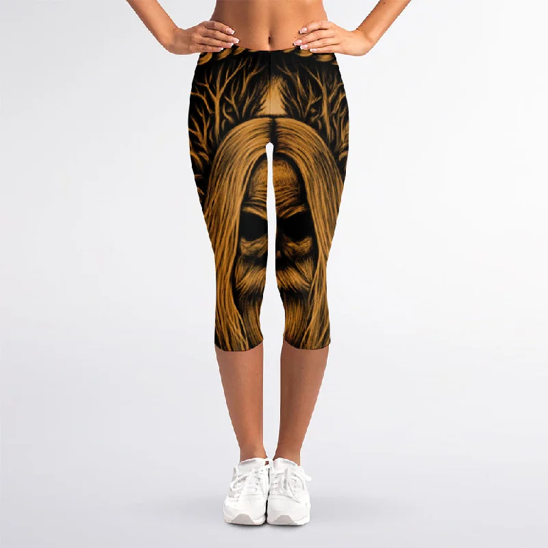 Gold Odin With Huginn And Muninn Print Women's Capri Leggings