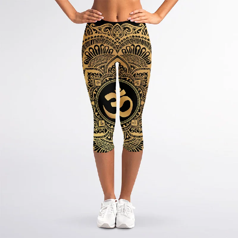 Gold Om Mandala Print Women's Capri Leggings