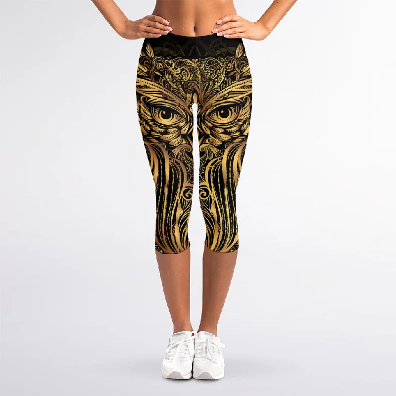 Gold Owl Spirit Print Women's Capri Leggings