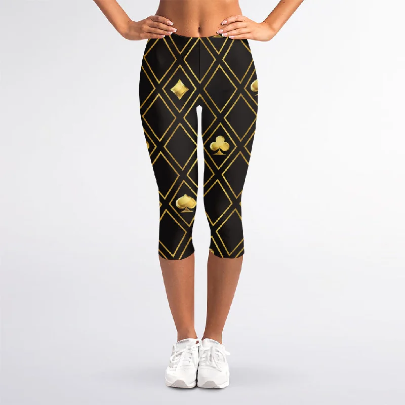 Gold Playing Card Suits Pattern Print Women's Capri Leggings