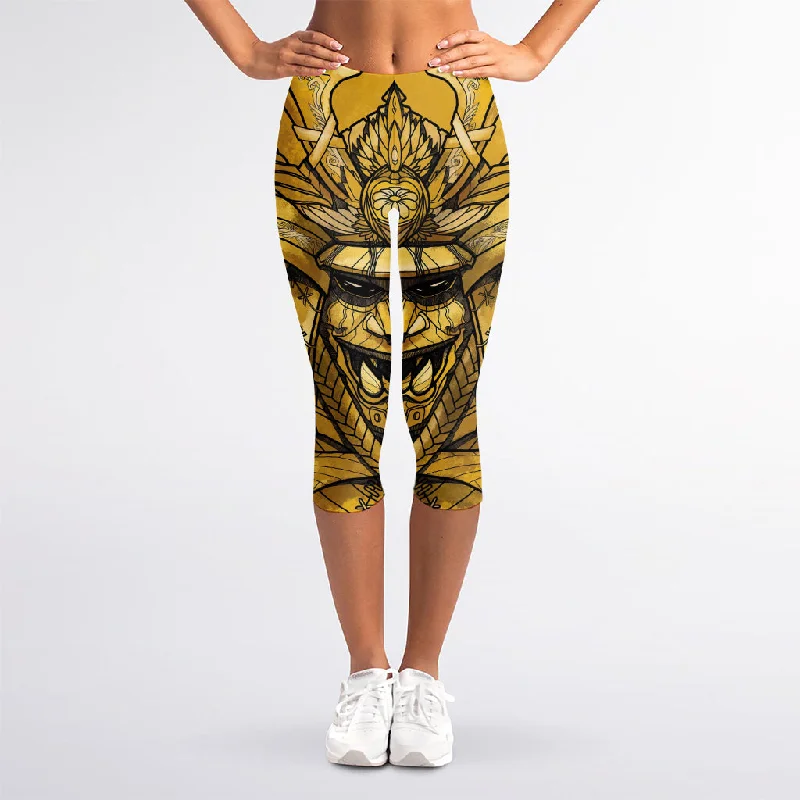 Gold Samurai Mask Print Women's Capri Leggings