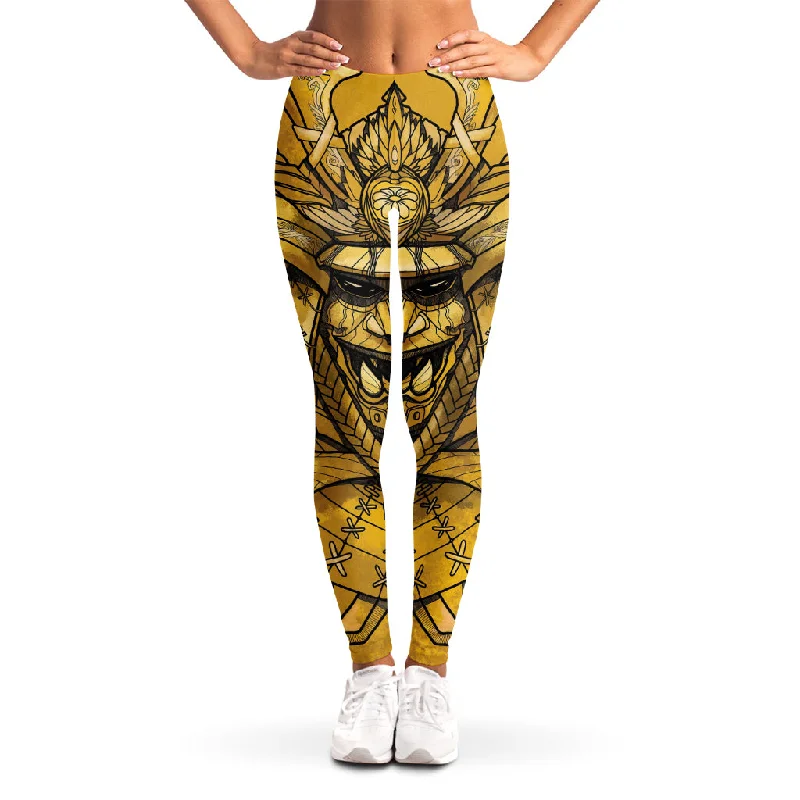 Gold Samurai Mask Print Women's Leggings