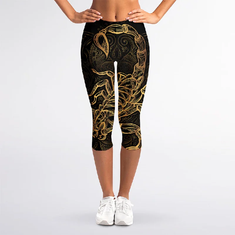 Gold Scorpio Print Women's Capri Leggings