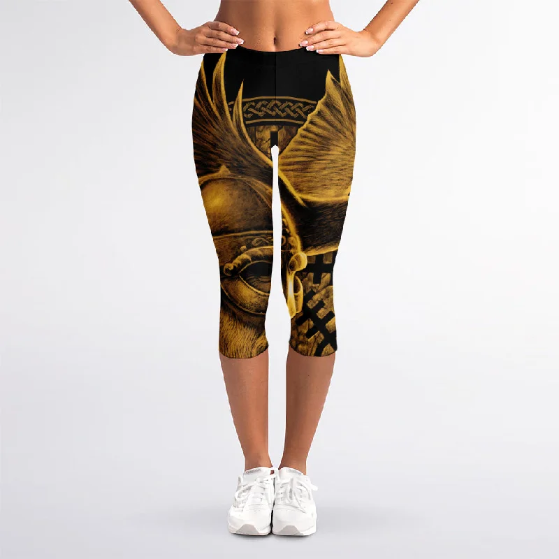 Gold Viking God Odin And Crow Print Women's Capri Leggings