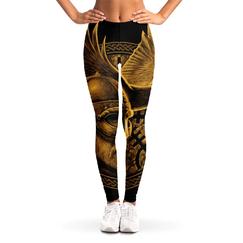 Gold Viking God Odin And Crow Print Women's Leggings