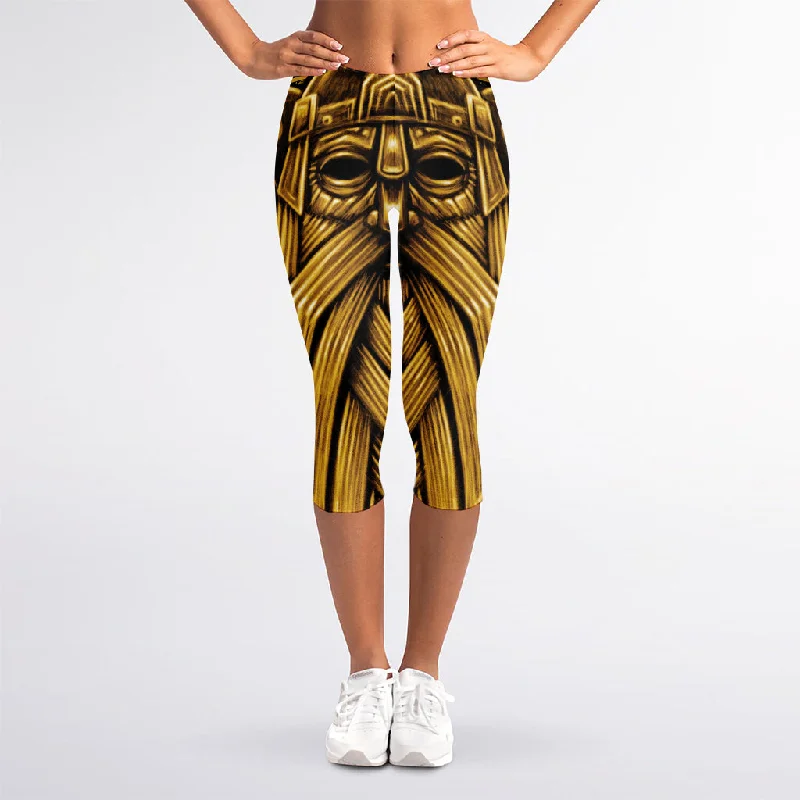 Gold Viking Norse God Odin Print Women's Capri Leggings