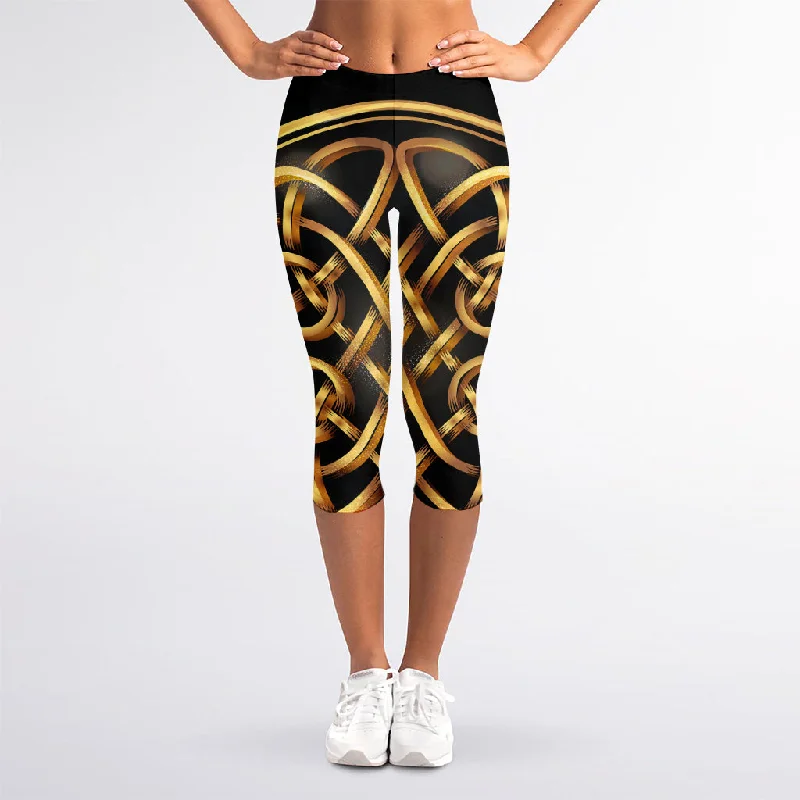 Golden Celtic Knot Print Women's Capri Leggings