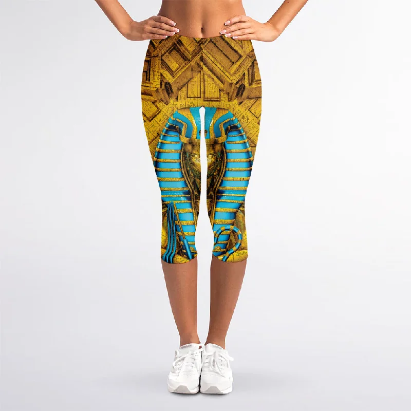 Golden Egyptian Pharaoh Print Women's Capri Leggings