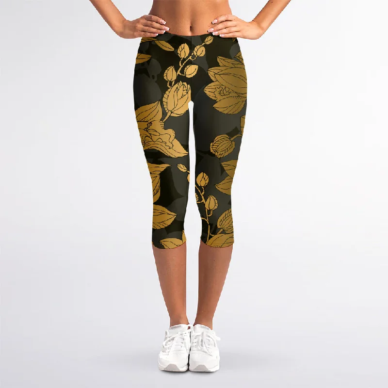 Golden Orchid Pattern Print Women's Capri Leggings