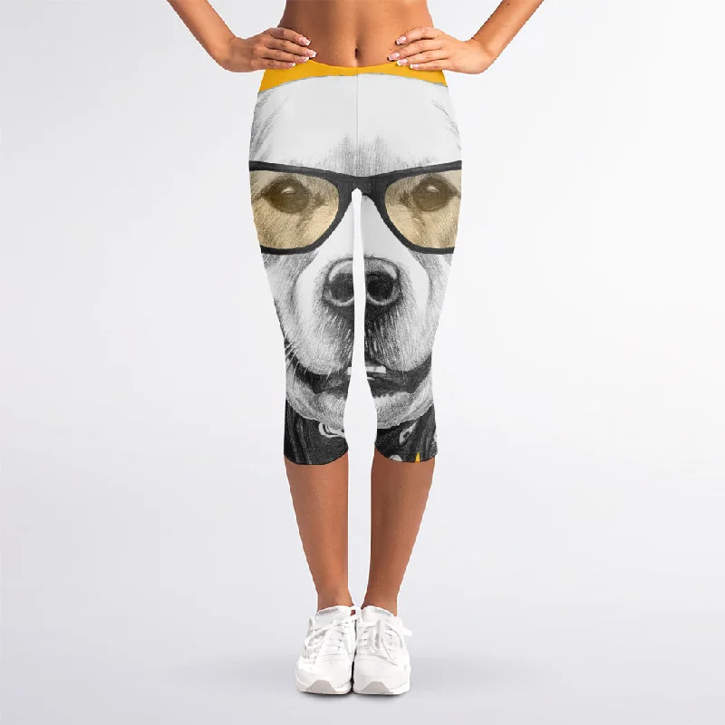 Golden Retriever With Glasses Print Women's Capri Leggings