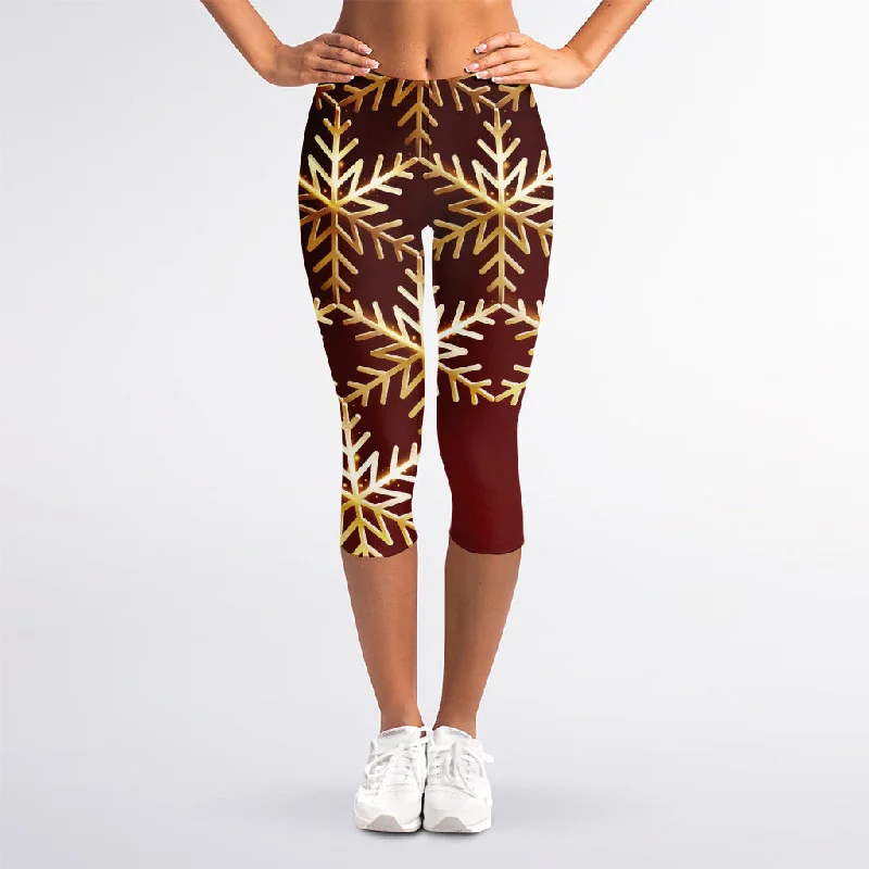 Golden Snowflake Print Women's Capri Leggings