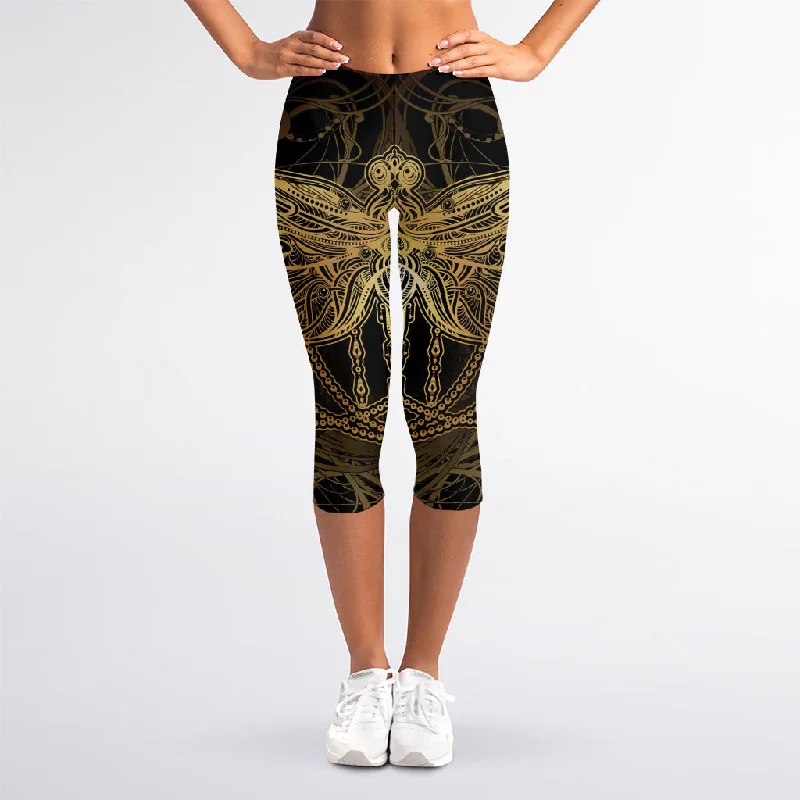 Golden Spiritual Dragonfly Print Women's Capri Leggings